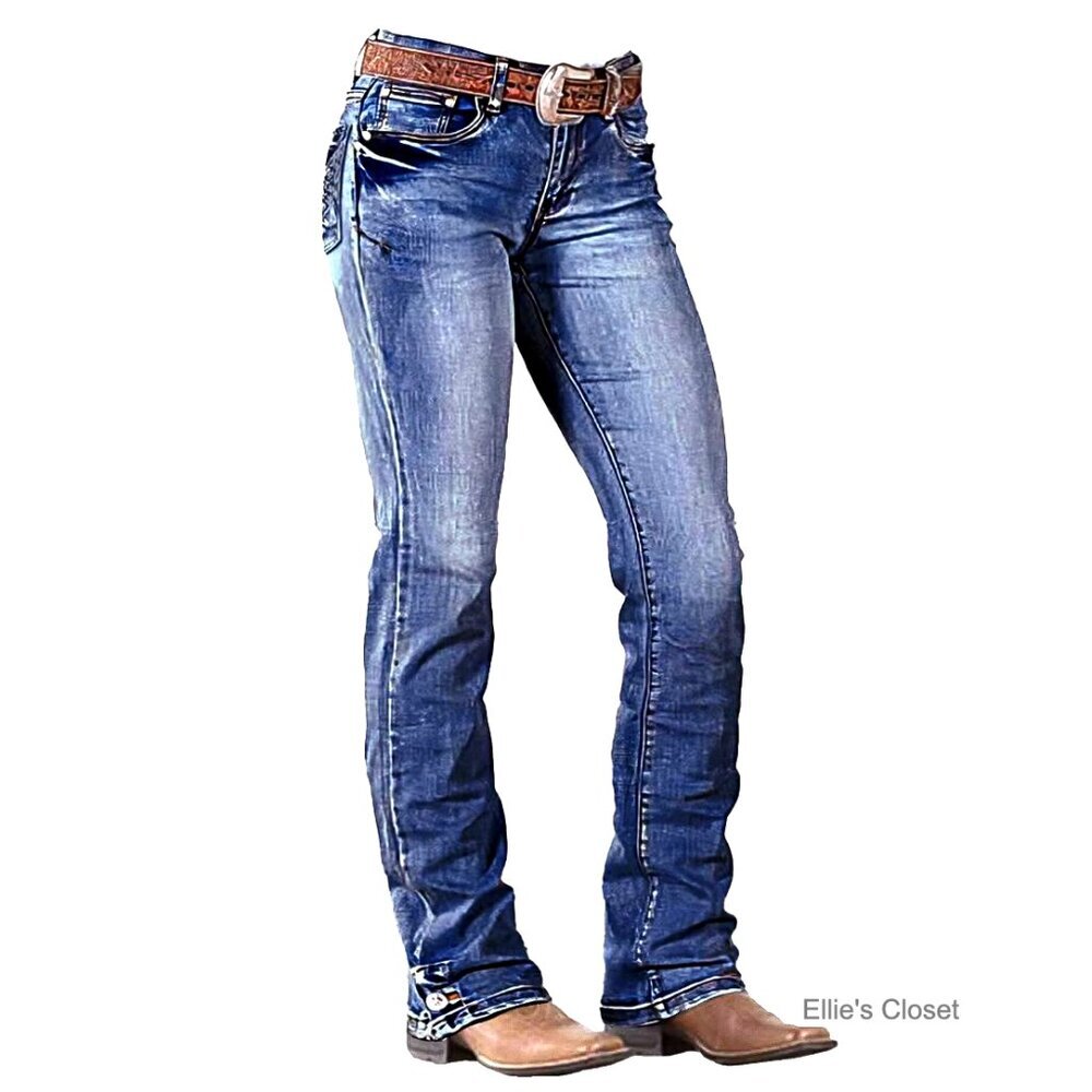 Mid Waist Boot Cut Jeans with Stretch Denim